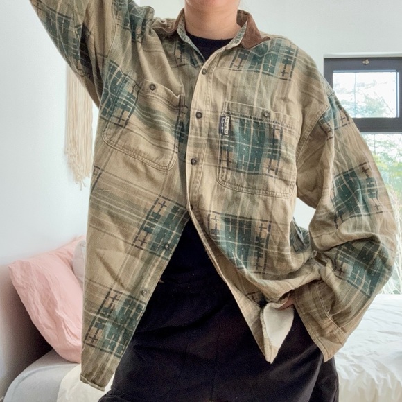 POINT ZERO WORKWEAR VINTAGE PLAID BUTTON DOWN TAN AND TEAL - M - Picture 3 of 17